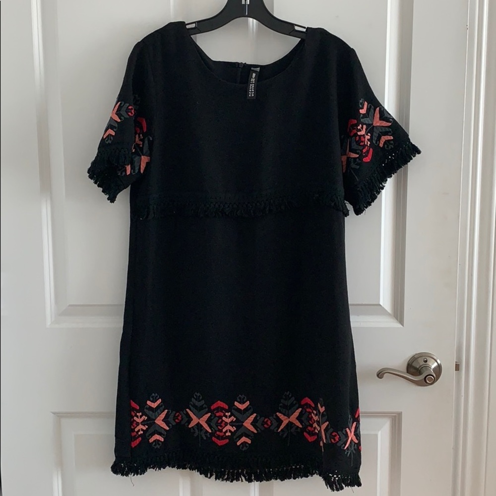 Mini dress with tribal embroidery and fringe